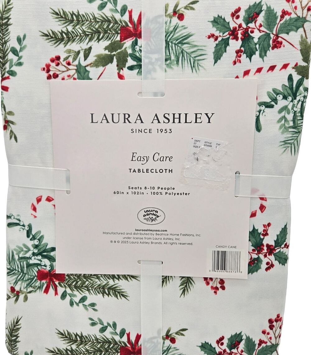 Laura Ashley HOLIDAY Tablecloth 60x102" Candy Cane Holly Christmas Polyester NEW